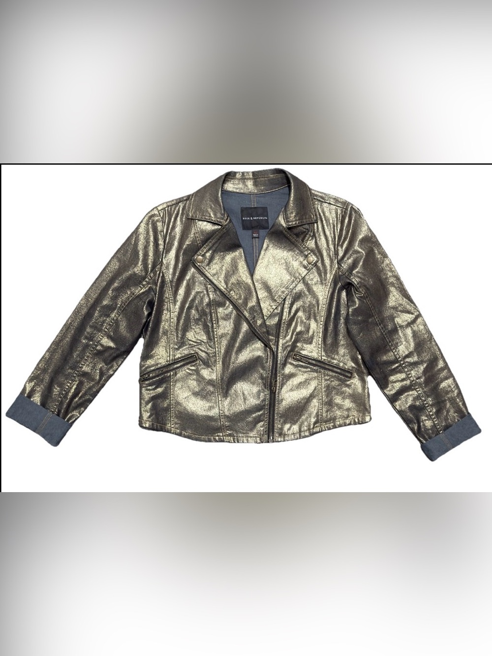 Rock & Republic Metallic Gold Denim Moto Jacket Asymmetrical Zip Women's XL